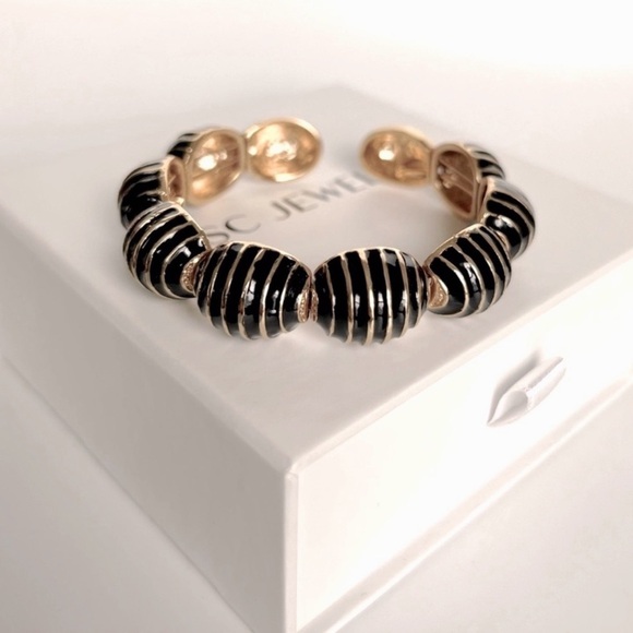 Cuff Black Bracelet | Handcrafted 22K Gold Tone | Enameled Adjustable Jewelry - Picture 7 of 10